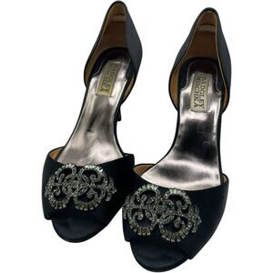 Badgley Mischka Salsa Black Satin Peep Toe Embellished Dress Heels Size 6.5